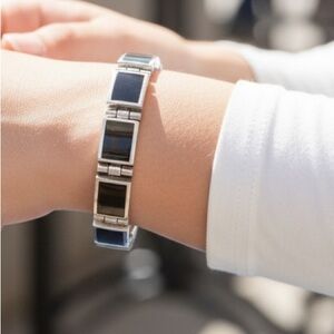 Vintage Southwestern Black Onyx Inlay Channel Link Cuff Sterling Silver Bracelet